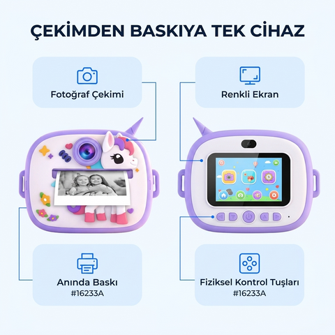 Sevimli Unicorn ve Dinozor Seçenekli Çocuk Kamerası – Anında Baskı Mini Fotoğraf Makinesi Kabartmalı