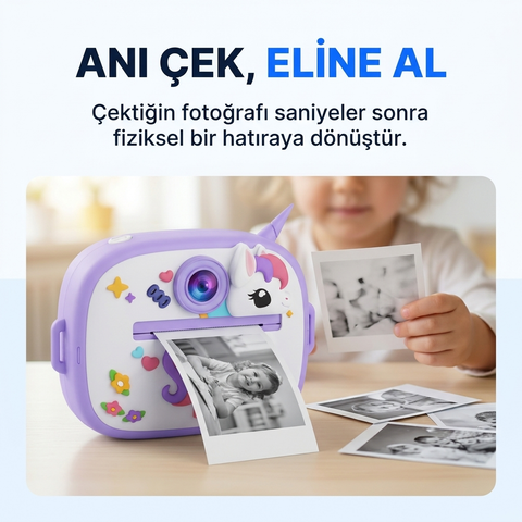 Sevimli Unicorn ve Dinozor Seçenekli Çocuk Kamerası – Anında Baskı Mini Fotoğraf Makinesi Kabartmalı