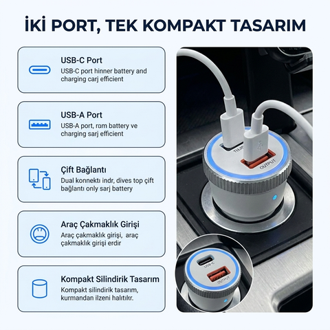 CC53 53W Hızlı Araç Şarj Cihazı Çift USB-C Çıkışlı Android ve ios tam uyumlu