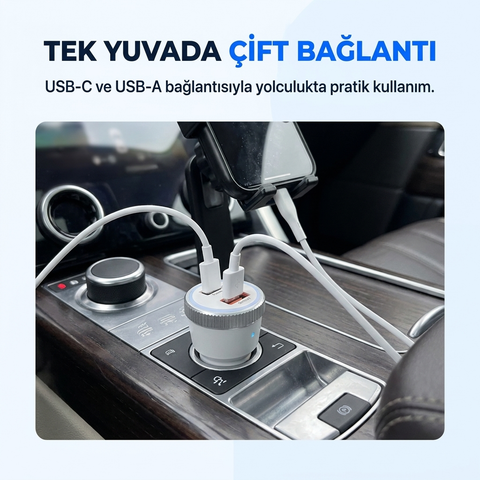 CC53 53W Hızlı Araç Şarj Cihazı Çift USB-C Çıkışlı Android ve ios tam uyumlu