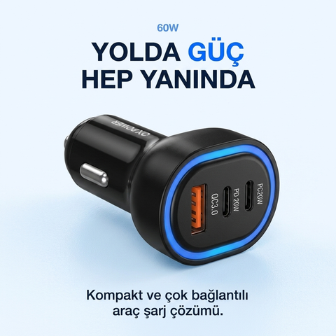 60W Süper Hızlı Araç Şarj Cihazı PD USB-C Çakmaklık Girişli