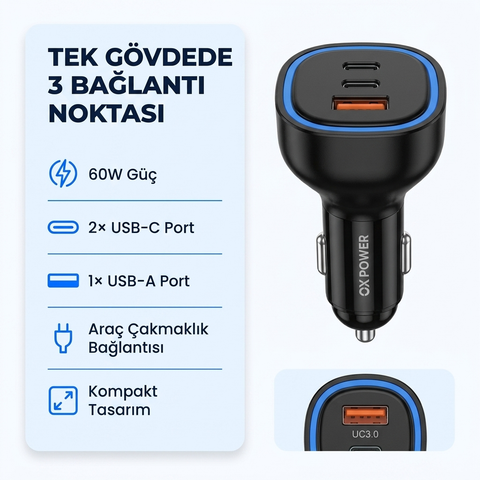 60W Süper Hızlı Araç Şarj Cihazı PD USB-C Çakmaklık Girişli