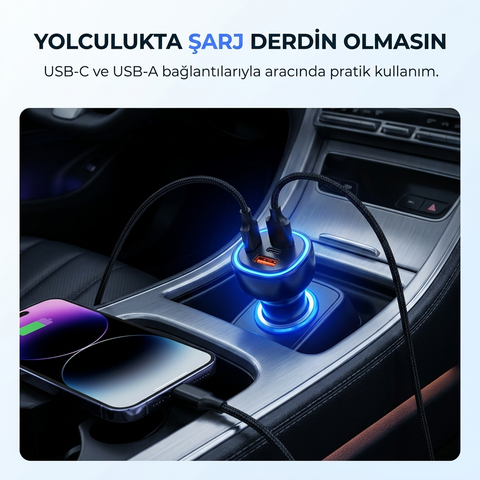 60W Süper Hızlı Araç Şarj Cihazı PD USB-C Çakmaklık Girişli