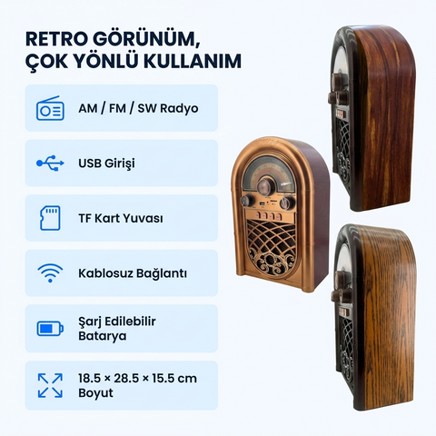 Retro Radyo Taşınabilir Bluetooth Speaker Ve Hoparlör Ahşap Kaplama Antika Tarzı R-1950BTL BORDO