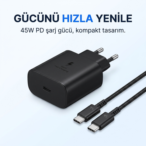 Samsung Galaxy S23 Ultra Uyumlu 45 Watt Hızlı Şarji Aleti - Usb-c Adaptör Ve Kablo - Siyah