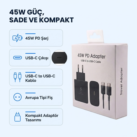 Samsung Galaxy S23 Ultra Uyumlu 45 Watt Hızlı Şarji Aleti - Usb-c Adaptör Ve Kablo - Siyah