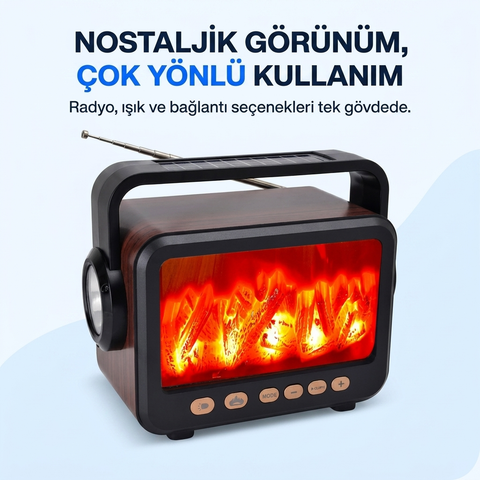 ŞÖMİNELİ NOSTALJİK RADYO bluetooth  Uyumlu Usb Şarjlı Değişebilir Pilli EL fenerli