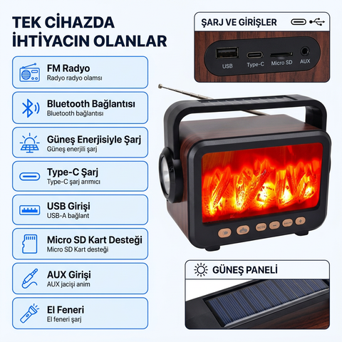 ŞÖMİNELİ NOSTALJİK RADYO bluetooth  Uyumlu Usb Şarjlı Değişebilir Pilli EL fenerli