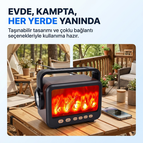 ŞÖMİNELİ NOSTALJİK RADYO bluetooth  Uyumlu Usb Şarjlı Değişebilir Pilli EL fenerli