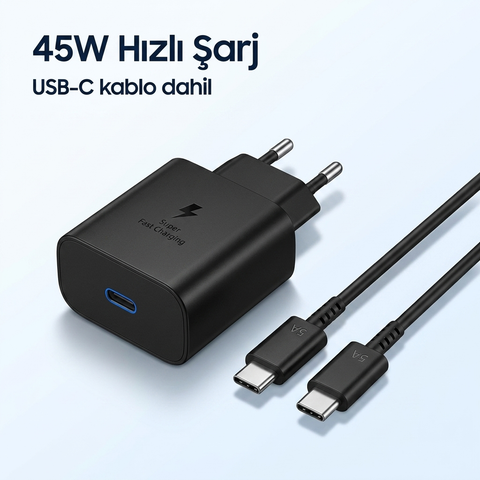 Samsung Galaxy S23 Ultra Uyumlu 45 Watt Hızlı Şarji Aleti - Usb-c Adaptör Ve Kablo - Siyah