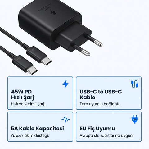 Samsung Galaxy S23 Ultra Uyumlu 45 Watt Hızlı Şarji Aleti - Usb-c Adaptör Ve Kablo - Siyah