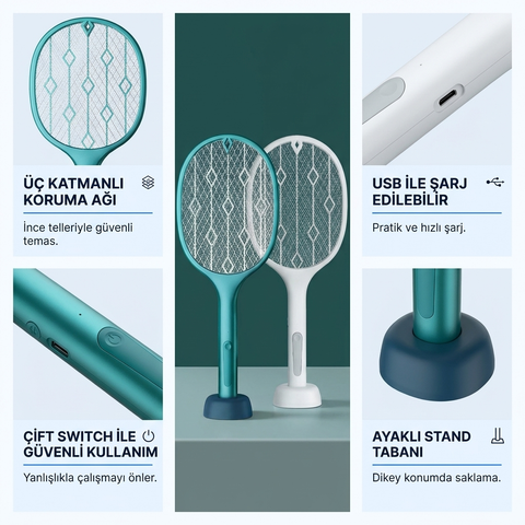 Elektrikli Sinek Öldürücü Sineksavar Sivrisinek Öldürücü Raket 3000v Usb Şarjlı Uv Led Işıklı