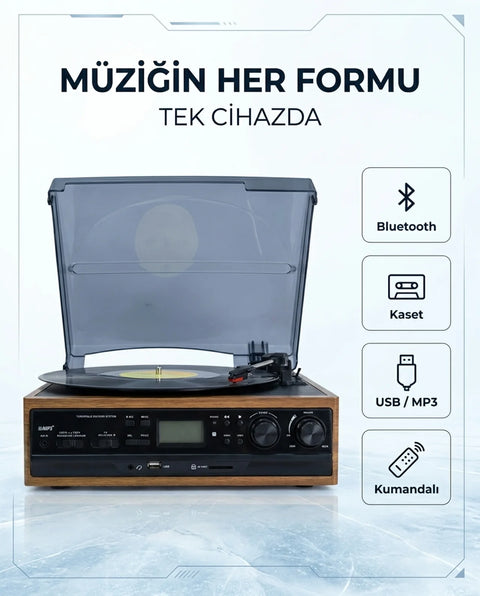 Kn-27 Bluetoothlu Kumandalı Hoparlörlü Pikap Radyo Kaset Usb Mp3 33-45-78 Plaklar Çalar