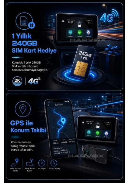 Araç Içi Kamera 2k Hd Görüntü Wifi Gps Özellikli Sim Kart Destekli 24 Saat Çalışma Gece Görüşlü G-Sensör Araç Kamerası