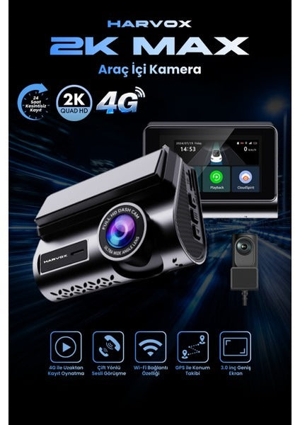 Araç Içi Kamera 2k Hd Görüntü Wifi Gps Özellikli Sim Kart Destekli 24 Saat Çalışma Gece Görüşlü G-Sensör Araç Kamerası