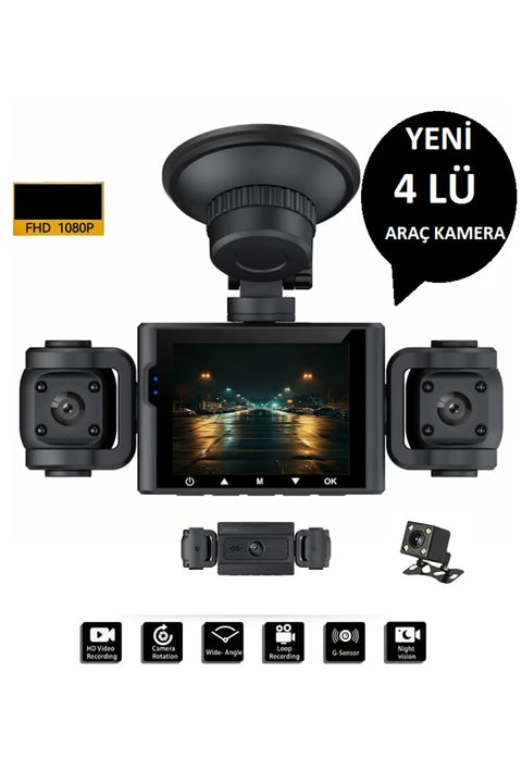 4’lü Araç Kamerası Seti – Ekranlı, HD Kayıt, 64GB Destekli, Gece Görüşlü