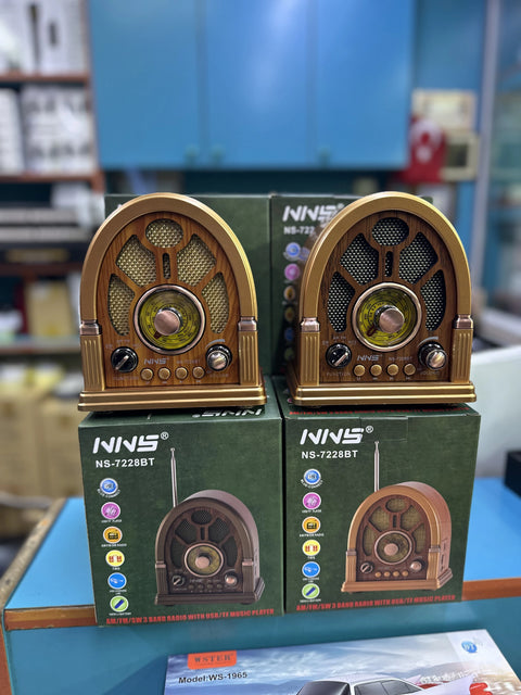 NNS NS-7228BT Nostaljik Bluetooth Radyo | FM AM SW USB TF Kart Destekli Şarjlı Retro Hoparlör Ahşap Tasarımlı Premium Müzik Sistemi |