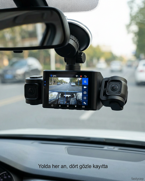 4’lü Araç Kamerası Seti – Ekranlı, HD Kayıt, 64GB Destekli, Gece Görüşlü