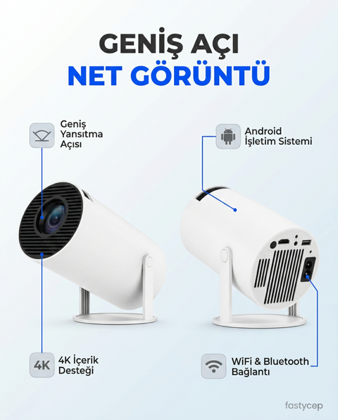 HY300 Mini Projeksiyon 4K Destekli – Android WiFi Bluetooth
