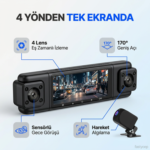4 Lensli Full Hd 1080P 3.18" Ekran Araç İçi Kamera 4 Kamera Ayarlanabilir Açı Hareket Algılama