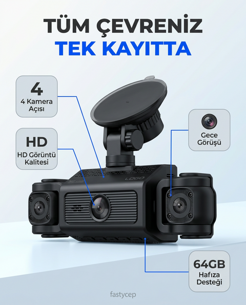 4’lü Araç Kamerası Seti – Ekranlı, HD Kayıt, 64GB Destekli, Gece Görüşlü