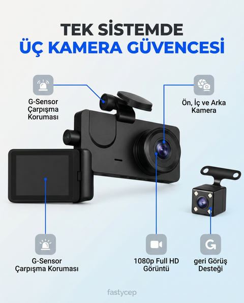 Üç Kameralı 1080 Full HD Araç İçi Kamera G-Sensor Özellikli Güvenlik Çözümü Geri Görüşlü