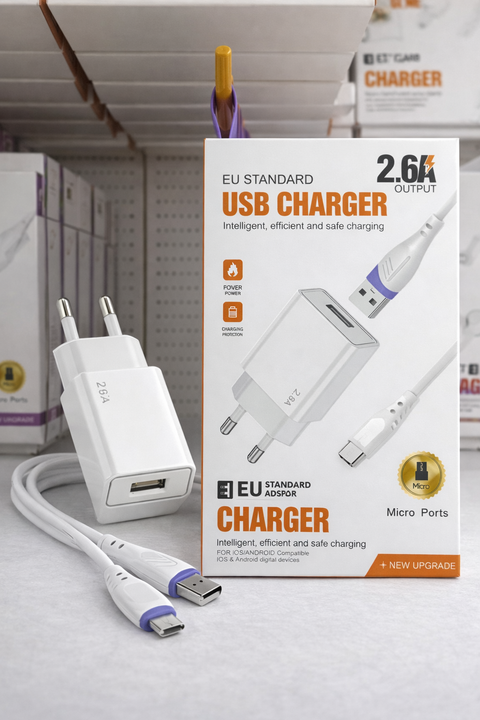 2.6A USB Şarj Adaptörü + Micro USB Şarj Kablosu (EU Standart) – Hızlı ve Güvenli Şarj