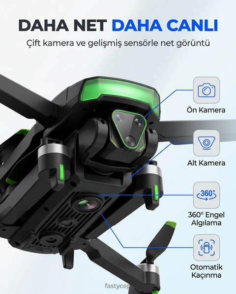 Fırçasız Motorlu Katlanabilir Kamera Drone 480P Çift Kamera, WiFi FPV, 360° Engel Algılama, 2 Batarya