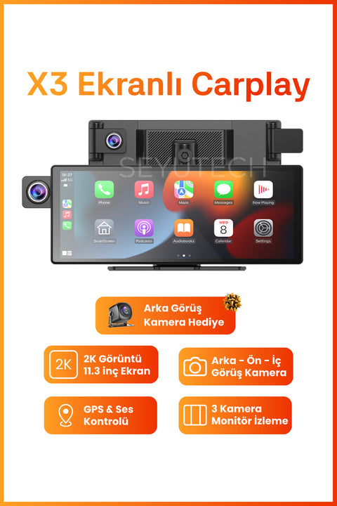 X3 Motosiklet CarPlay – 3 Kameralı