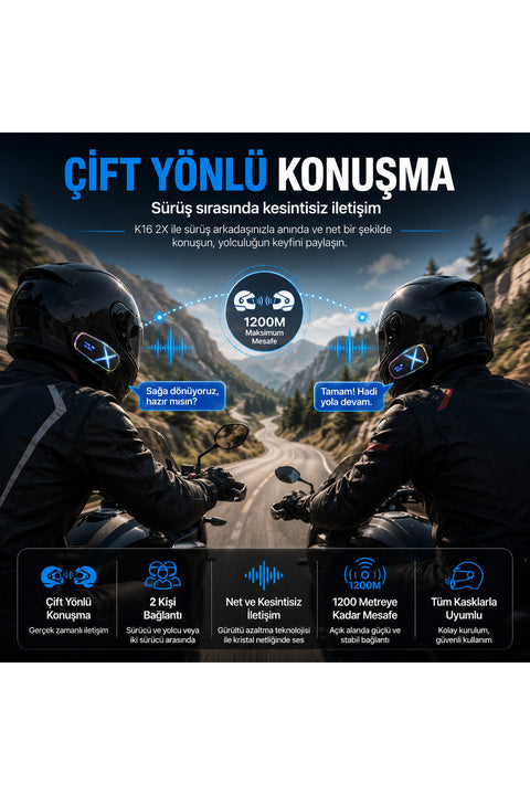 K16 2X Bluetooth Motosiklet Kask Interkomu Bluetooth 6.0 Çift Yönlü Konuşma Müzik Dinleme Telefon
