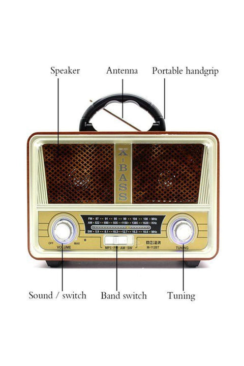 Meier M-112bt Nostaljik Ahşap Retro Radyo Bluetooth Fm Sd Aux Usb