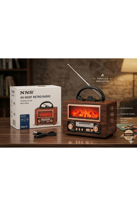 NS-901BT Şömine Görünümlü Nostaljik Retro Radyo - Bluetooth & USB Destekli