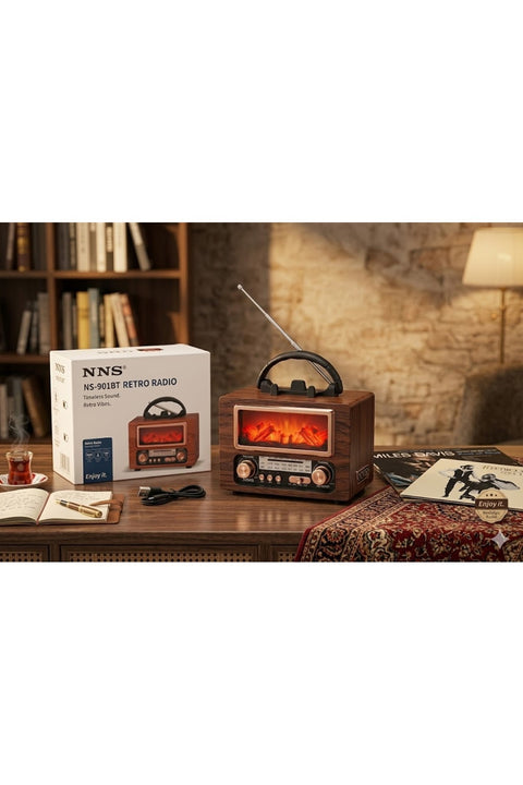 NS-901BT Şömine Görünümlü Nostaljik Retro Radyo - Bluetooth & USB Destekli