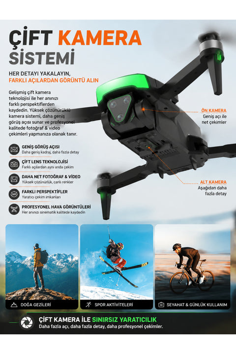 Fırçasız Motorlu Katlanabilir Kamera Drone 480P Çift Kamera, WiFi FPV, 360° Engel Algılama, 2 Batarya