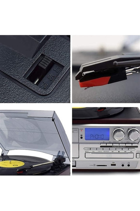 KN-110 Kahverengi Bluetooth Kumandalı Cdli Kaset USB Radyo 33-45-78 Plaklar Çalar Pikap
