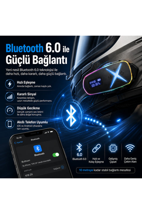 K16 2X Bluetooth Motosiklet Kask Interkomu Bluetooth 6.0 Çift Yönlü Konuşma Müzik Dinleme Telefon
