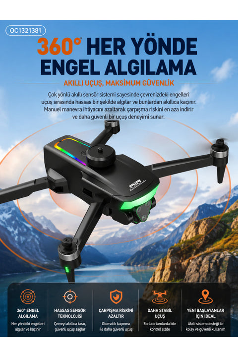 Fırçasız Motorlu Katlanabilir Kamera Drone 480P Çift Kamera, WiFi FPV, 360° Engel Algılama, 2 Batarya