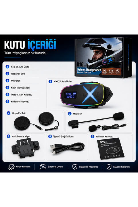 K16 2X Bluetooth Motosiklet Kask Interkomu Bluetooth 6.0 Çift Yönlü Konuşma Müzik Dinleme Telefon
