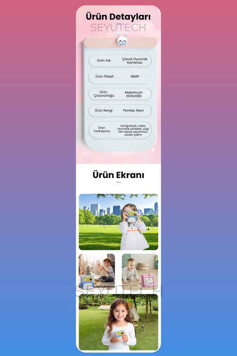 Çocuk Kamerası Dijital HD Video Kayıt ve Fotoğraf Termal Resim Kağıt Baskılı Yazıcı