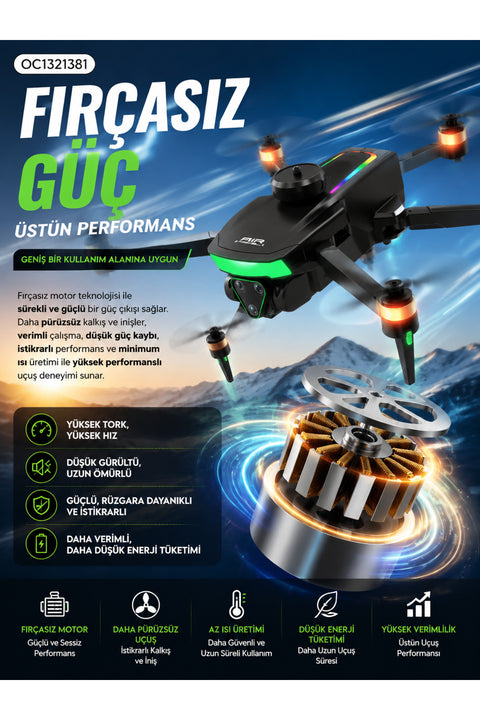 Fırçasız Motorlu Katlanabilir Kamera Drone 480P Çift Kamera, WiFi FPV, 360° Engel Algılama, 2 Batarya