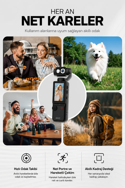 4K Ultra HD Mini Aksiyon Kamerası 2.0 inç Ekranlı Mikrofon Destekli Oto Fokus Özellikli 180° Döner Başlıklı Vlog