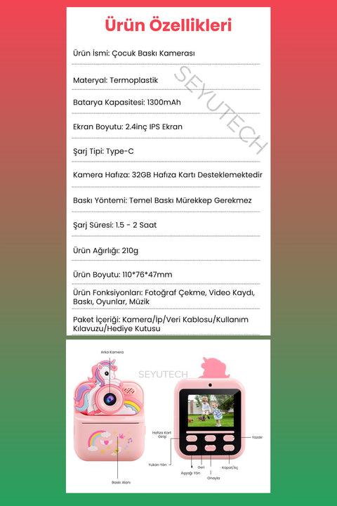 Çocuk Kamerası Dijital HD Video Kayıt ve Fotoğraf Termal Resim Kağıt Baskılı Yazıcı